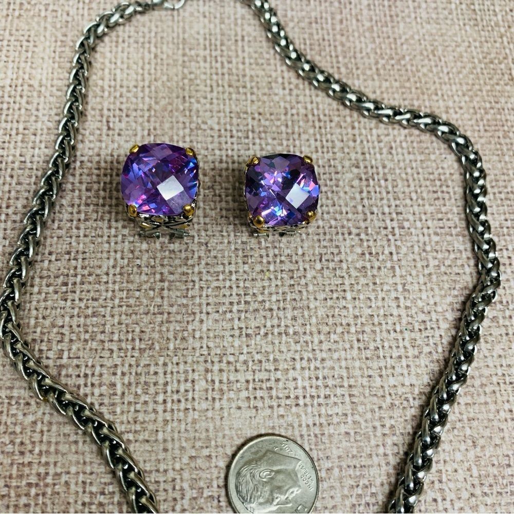 Silver Purple Crystal Necklace Earrings Set